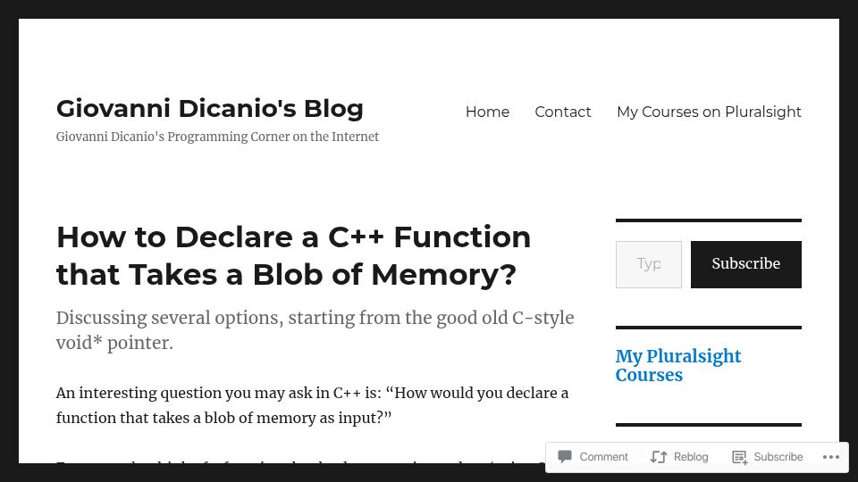 Screenshot of giodicanio.com: The beauty and simplicity of the good old C-style void* in C++
