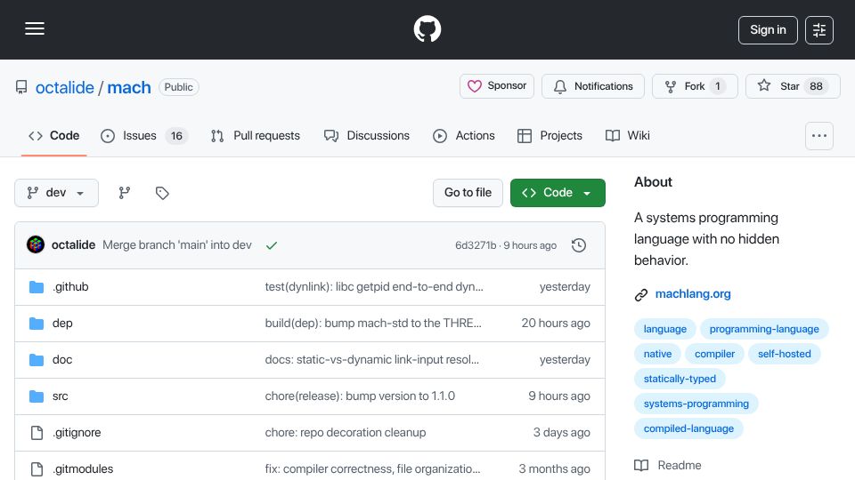 Screenshot of github.com: Show HN: Mach – A compiled systems language looking for contributions