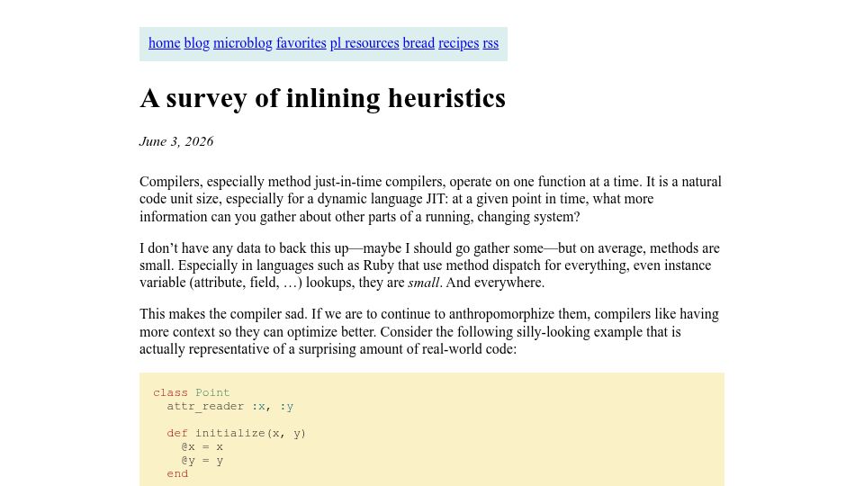 Screenshot of bernsteinbear.com: A Survey of Inlining Heuristics