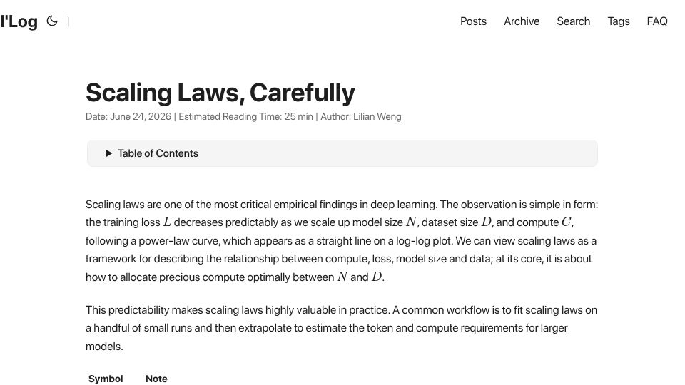 Screenshot of lilianweng.github.io: Scaling Laws, Carefully