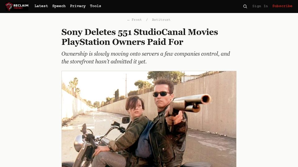 Screenshot of reclaimthenet.org: Sony Deletes 551 Movies PlayStation Owners Paid For