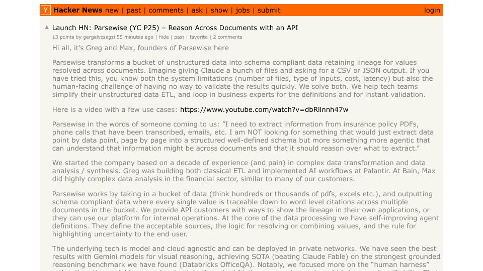 Screenshot of Hacker News post: Launch HN: Parsewise (YC P25) – Reason Across Documents with an API