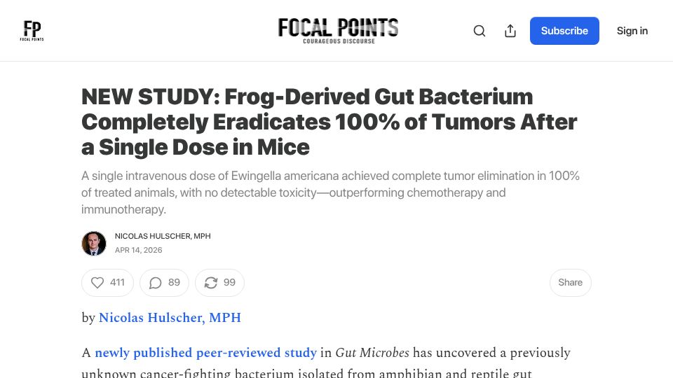 Screenshot of thefocalpoints.com: Single Dose of Frog-Derived Gut Bacterium Eradicates 100% of Tumors in Mice