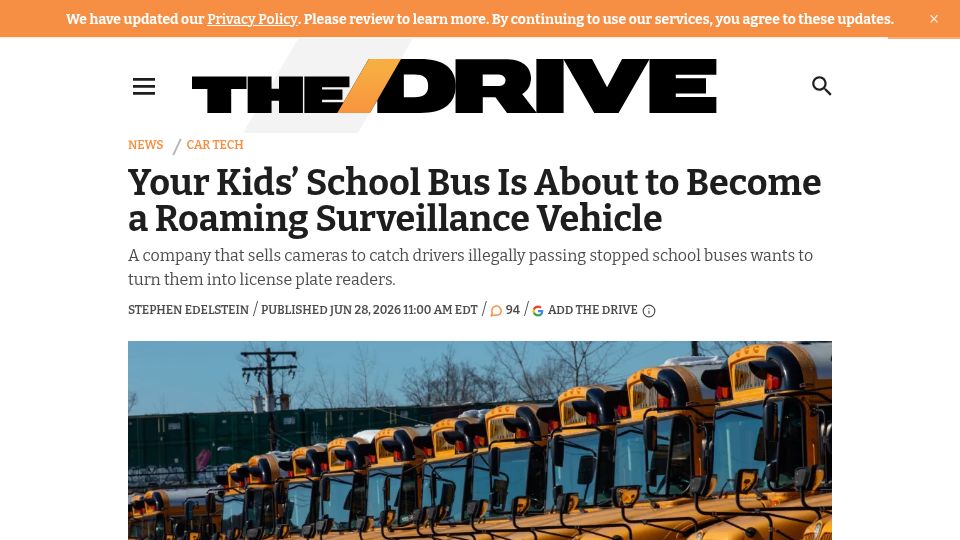 Screenshot of thedrive.com: Your Kids' School Bus Is About to Become a Roaming Surveillance Vehicle