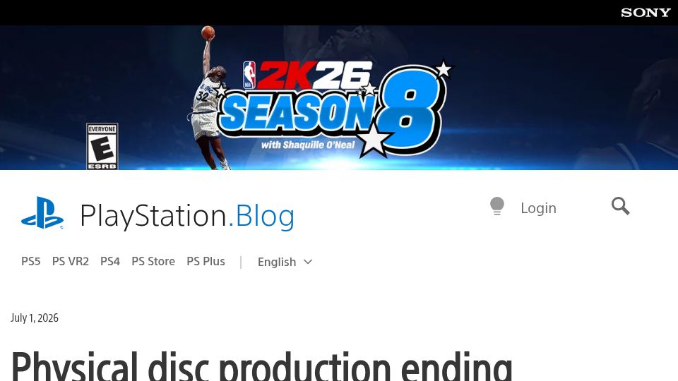 Screenshot of blog.playstation.com: Physical disc production ending in Jan 2028 for new games on PlayStation