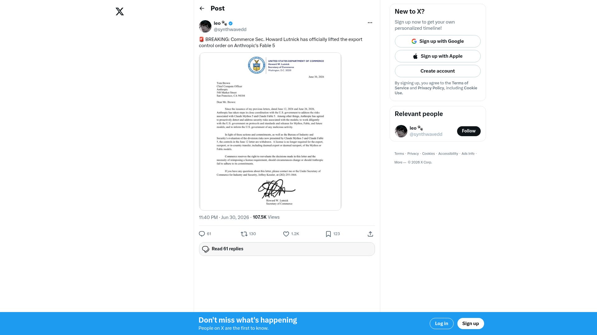 Screenshot of twitter.com: Claude Fable 5 export control lifted