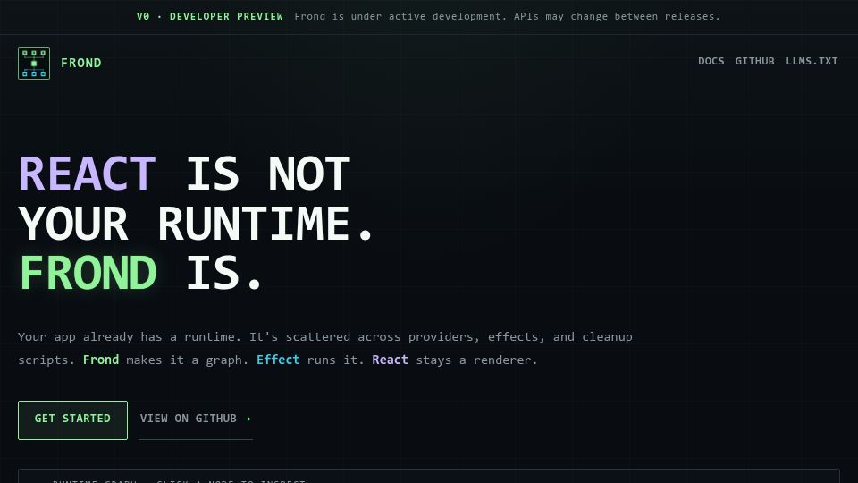 Screenshot of frondruntime.dev: Show HN: Frond – a frontend runtime for your app's dependency graph