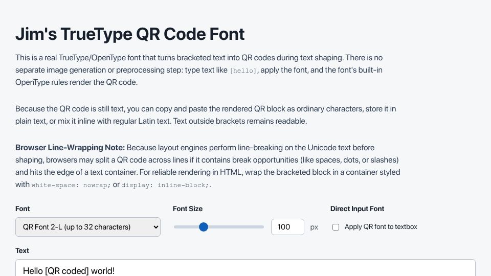 Screenshot of qr.jim.sh: Show HN: QR code renderer in a TrueType font