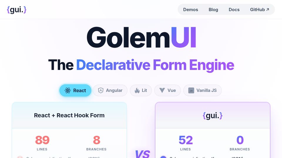 Screenshot of golemui.com: Show HN: GolemUI – Declarative Form Engine