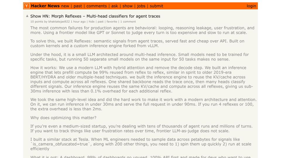 Screenshot of Hacker News post: Show HN: Morph Reflexes – Multi-head classifiers for agent traces