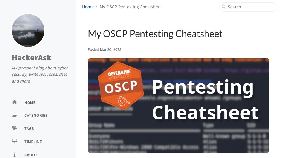 Screenshot of hackerask.com: My OSCP Pentesting Cheatsheet