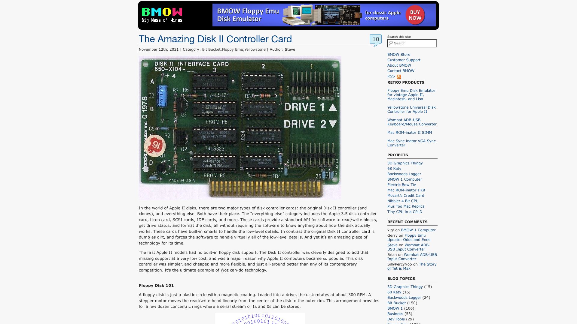 Screenshot of bigmessowires.com: The Apple Disk II Controller Card (2021)