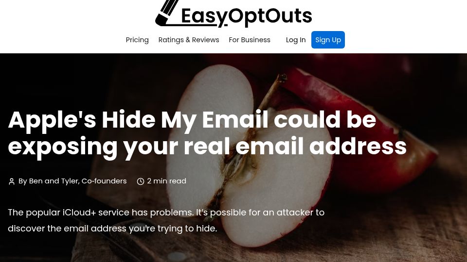 Screenshot of easyoptouts.com: Apple 'Hide My Email' vulnerability reveals peoples' real email addresses