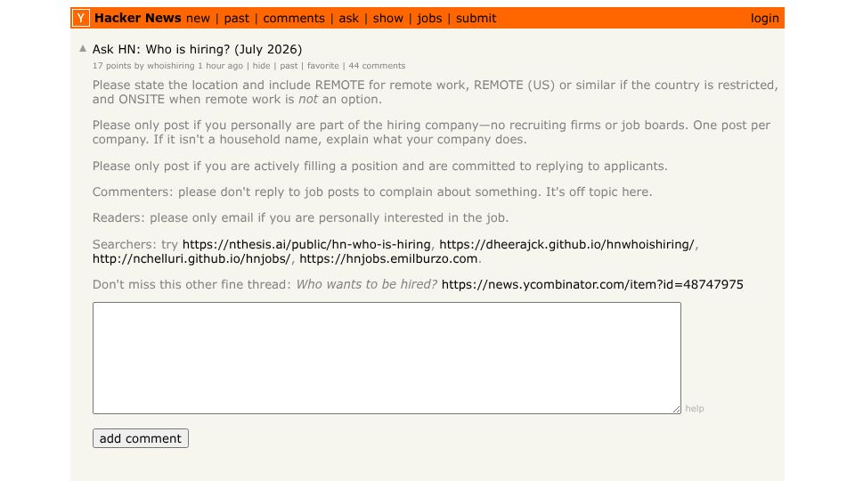 Screenshot of Hacker News post: Ask HN: Who is hiring? (July 2026)