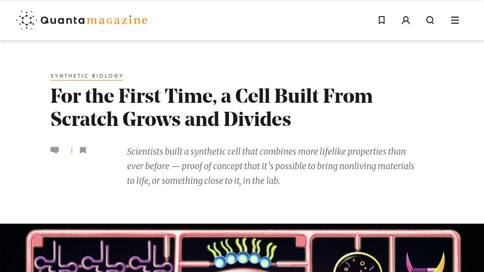 Screenshot of quantamagazine.org: For first time, a cell built from scratch grows and divides