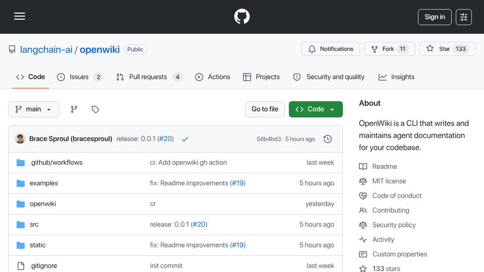 Screenshot of github.com: OpenWiki: CLI that writes and maintains agent documentation for your codebase