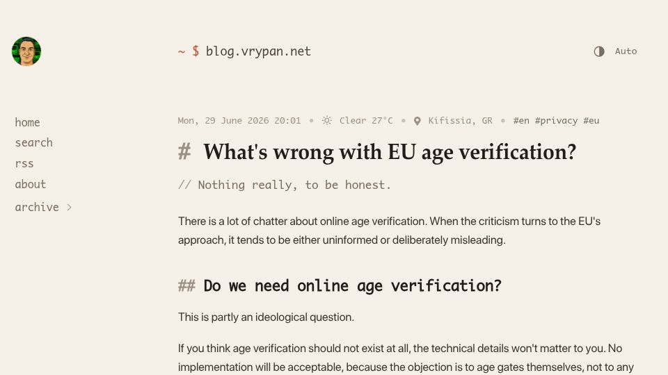 Screenshot of blog.vrypan.net: What's wrong with EU age verification? (Nothing)