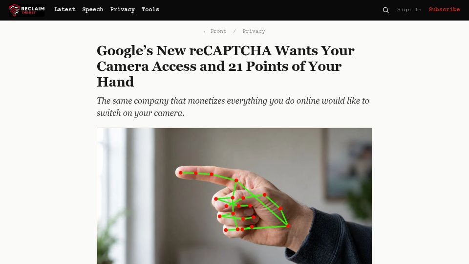 Screenshot of reclaimthenet.org: Google's New reCAPTCHA Wants Your Camera Access and 21 Points of Your Hand