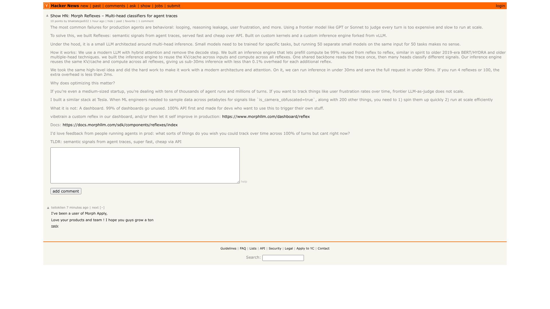 Screenshot of this Hacker News post: Show HN: Morph Reflexes – Multi-head classifiers for agent traces