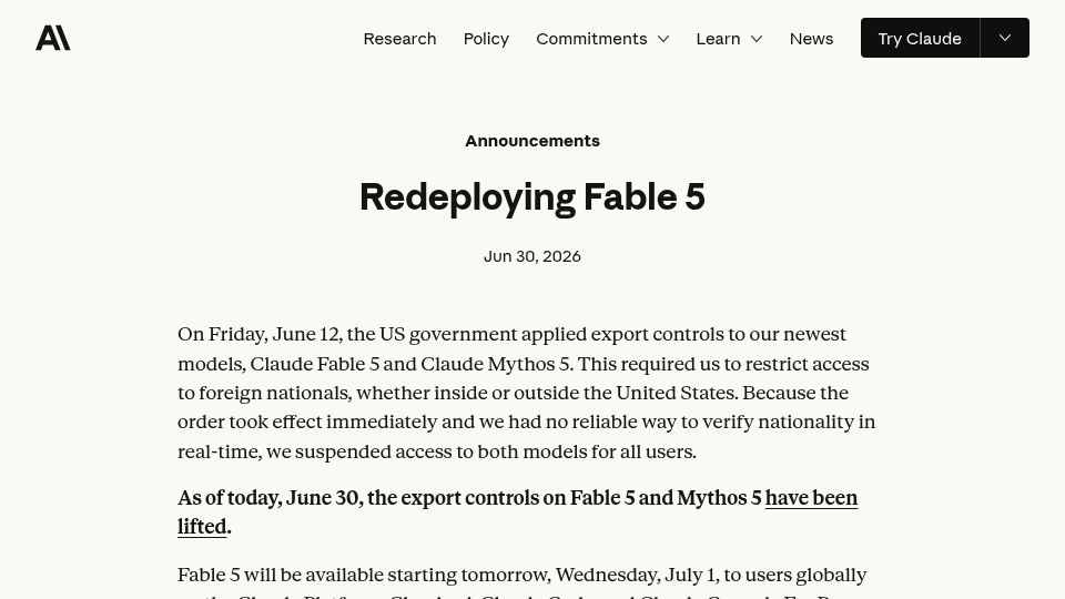 Screenshot of anthropic.com: Redeploying Fable 5