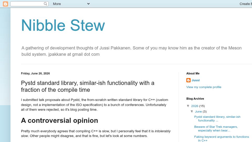 Screenshot of nibblestew.blogspot.com: Pystd, similar-ish functionality with a fraction of the compile time