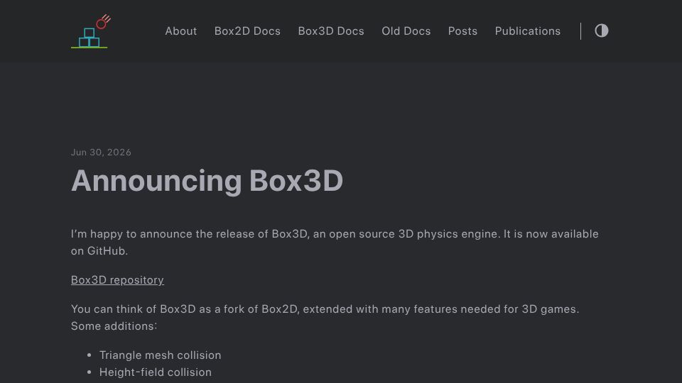 Screenshot of box2d.org: Box3D, an open source 3D physics engine