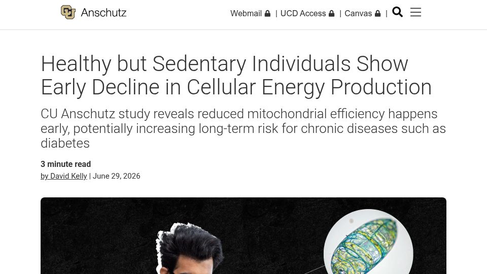 Screenshot of news.cuanschutz.edu: Healthy but sedentary people show early decline in cellular energy production