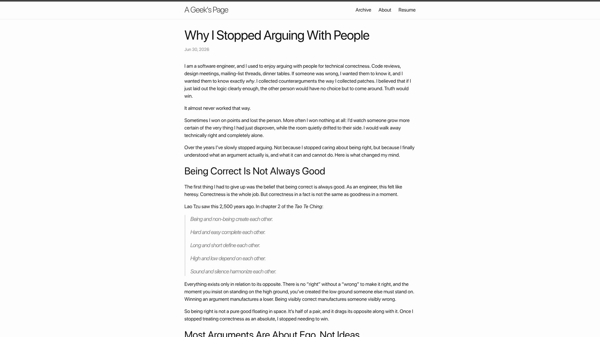Screenshot of wangcong.org: Most arguments are about ego, not ideas