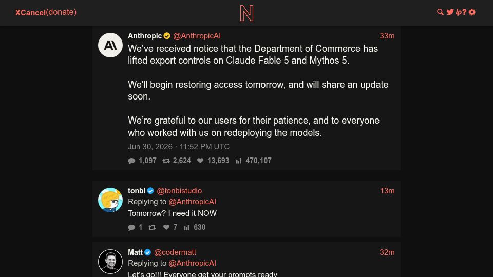 Screenshot of xcancel.com: Anthropic restoring access to Claude Fable 5 and Mythos 5 from tomorrow