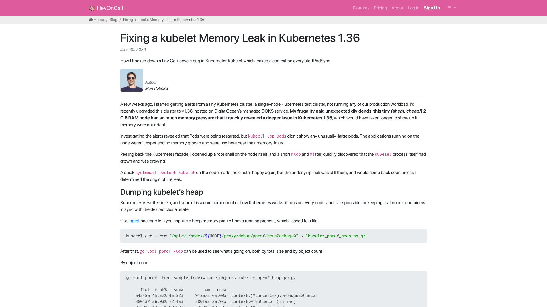 Screenshot of heyoncall.com: Fixing a kubelet memory leak in Kubernetes 1.36