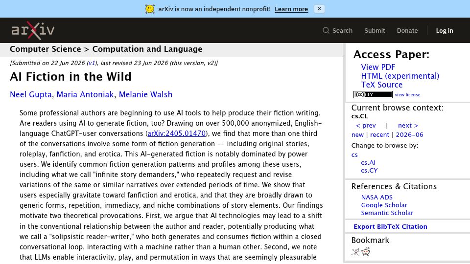 Screenshot of arxiv.org: Are readers generating fiction with AI models?