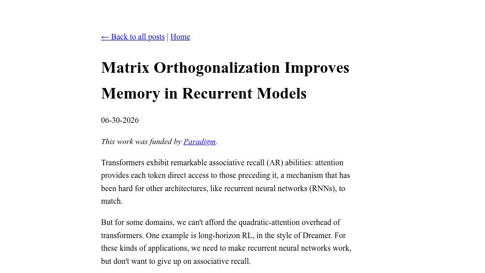 Screenshot of ayushtambde.com: Matrix Orthogonalization Improves Memory in Recurrent Models