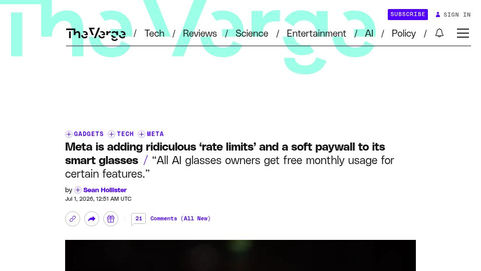 Screenshot of theverge.com: Meta is adding rate limits and soft paywall to smart glasses