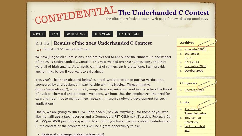 Screenshot of underhanded-c.org: The Underhanded C Contest