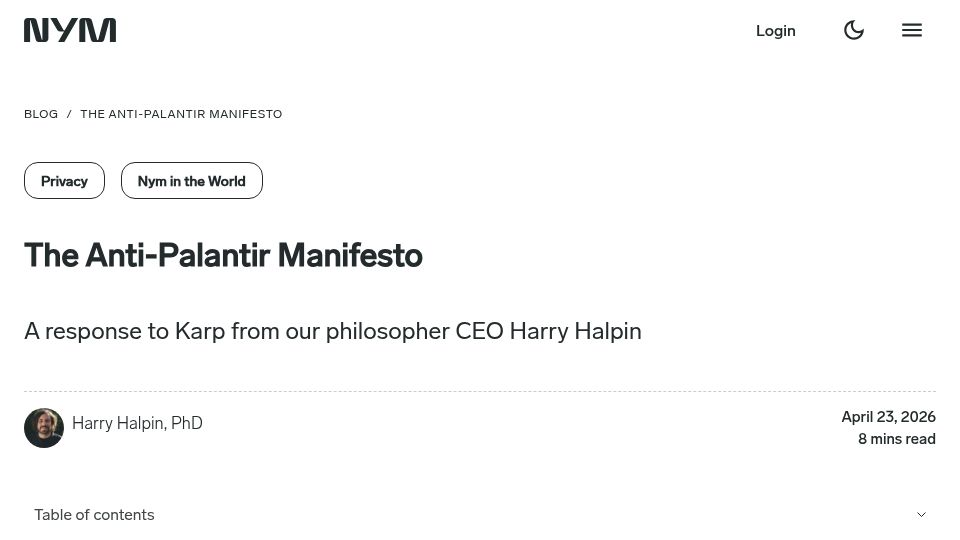Screenshot of nym.com: The Anti-Palantir Manifesto