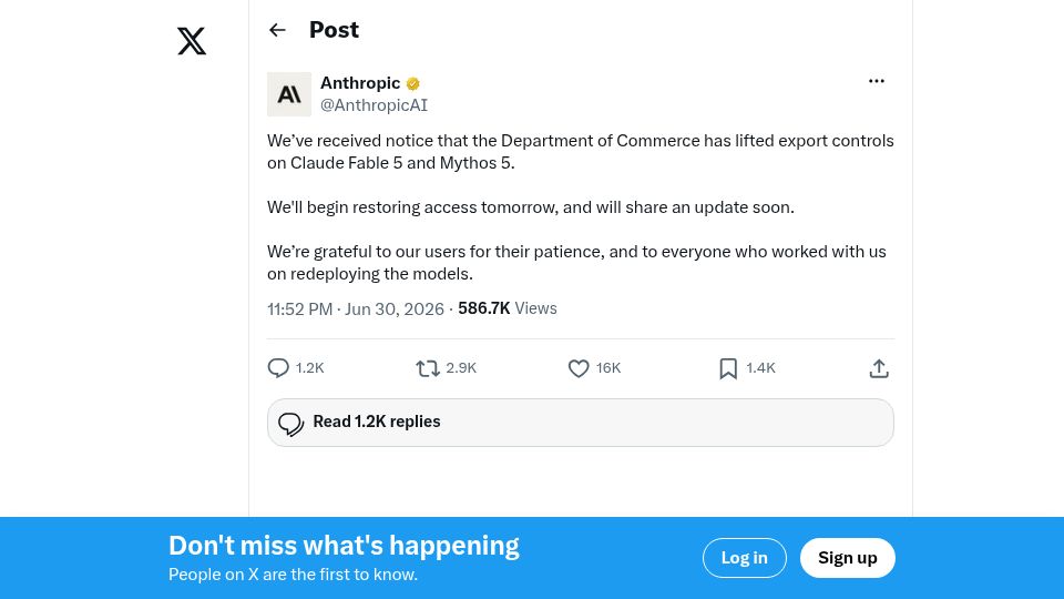 Screenshot of twitter.com: Department of Commerce has lifted export controls on Claude Fable 5 and Mythos 5