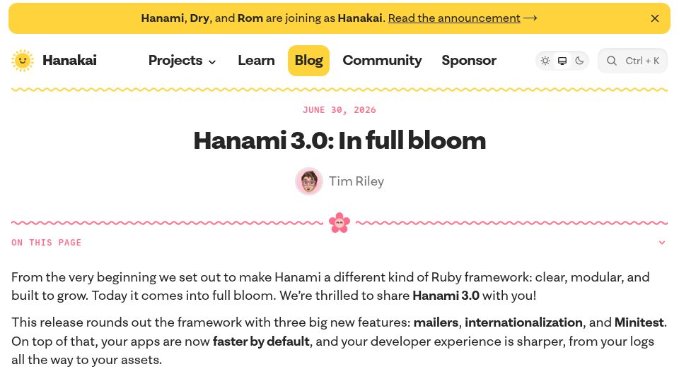 Screenshot of hanakai.org: Hanami 3.0: In Full Bloom