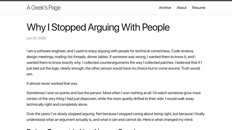 Screenshot of wangcong.org: Most arguments are about ego, not ideas