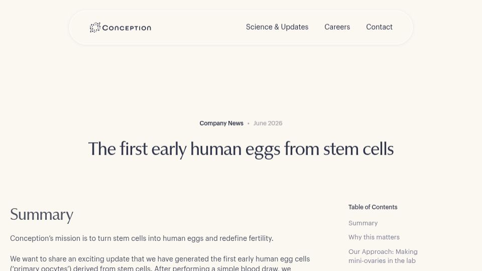 Screenshot of conception.bio: The first early human eggs from stem cells