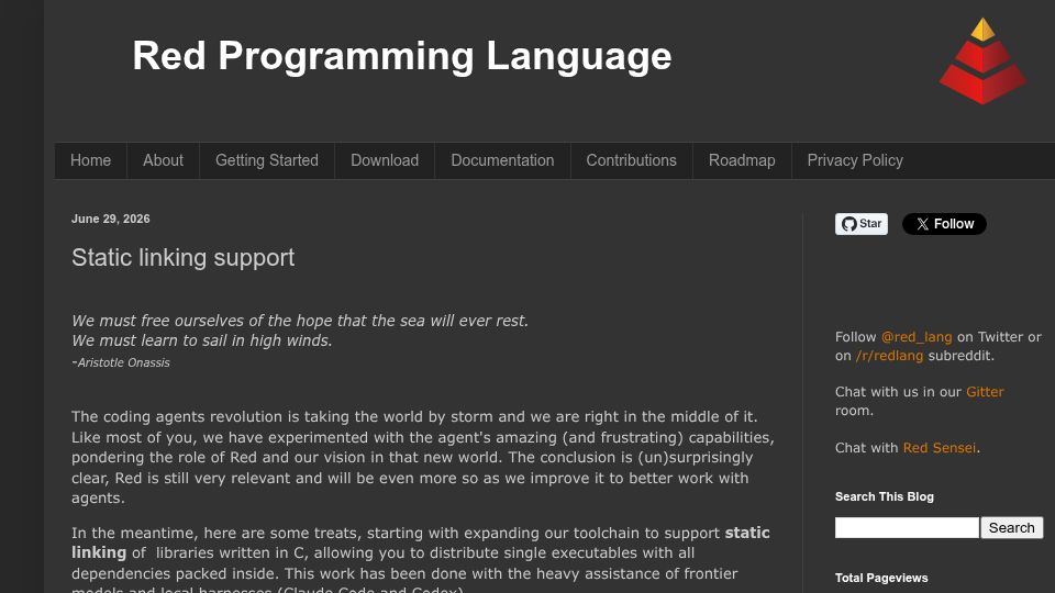 Screenshot of red-lang.org: Red Programming Language: Static linking support
