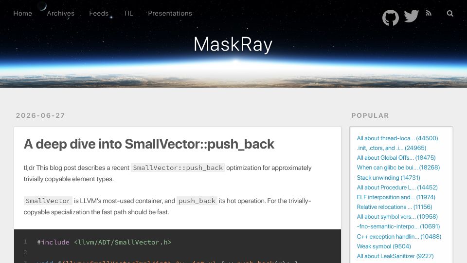 Screenshot of maskray.me: A deep dive into SmallVector:push_back