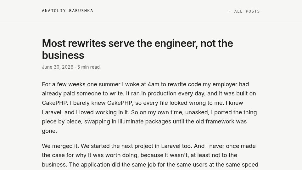 Screenshot of anatoliybabushka.com: Most rewrites serve the engineer, not the business