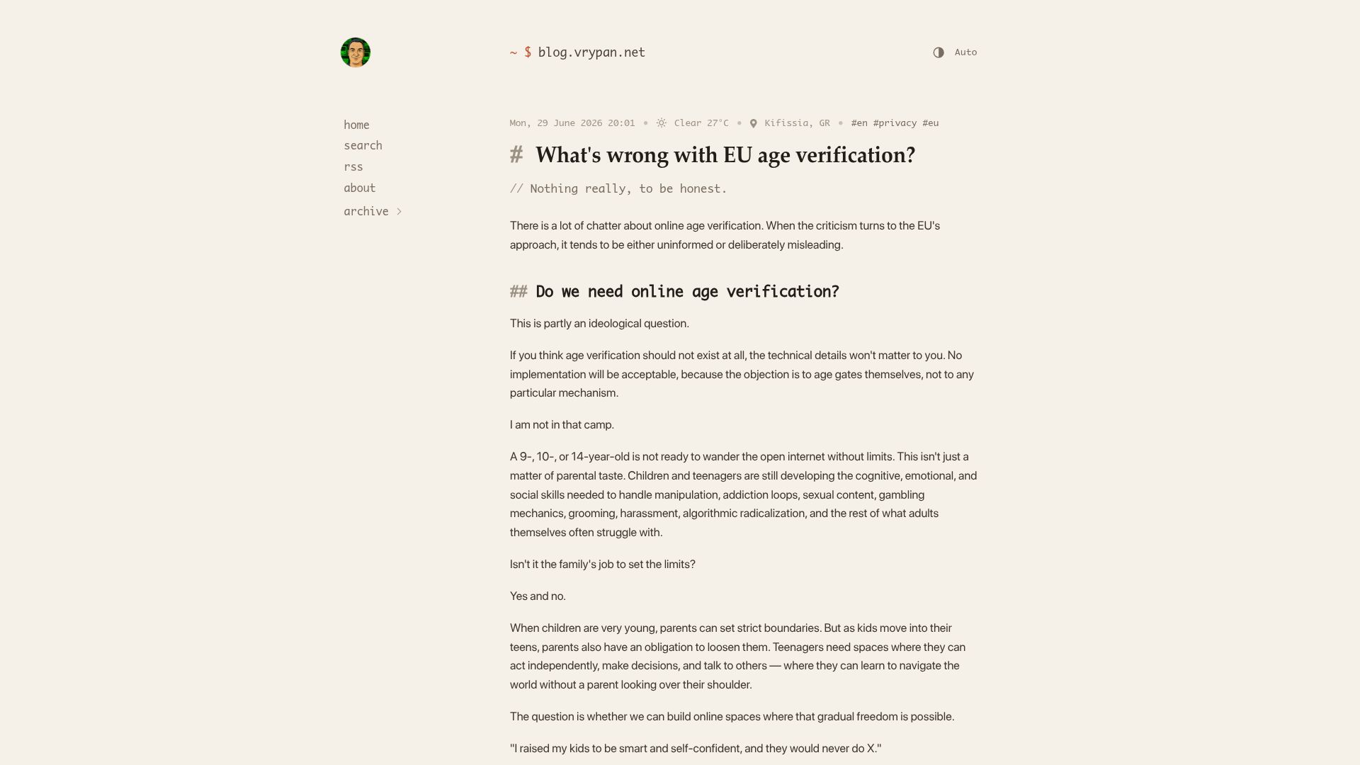 Screenshot of blog.vrypan.net: What's wrong with EU age verification? (Nothing)