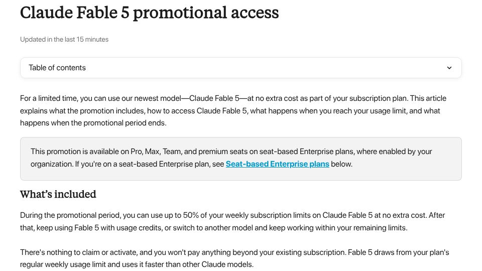 Screenshot of support.claude.com: Claude Fable 5 Promotional Access