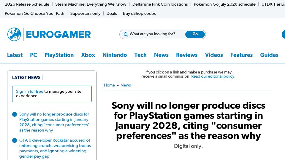 Screenshot of eurogamer.net: Sony will no longer produce discs for PlayStation games starting in January 2028