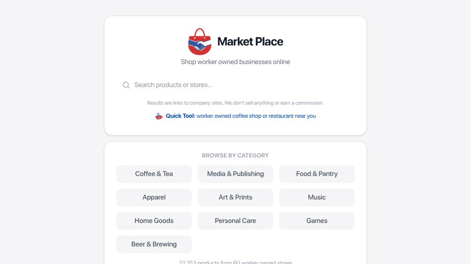 Screenshot of workerowned.info: Show HN: Searchable directory of 22k+ products from worker-owned co-ops