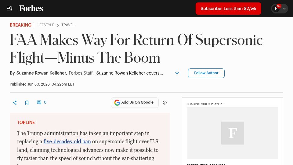 Screenshot of forbes.com: Supersonic flight returning to US after half-century ban