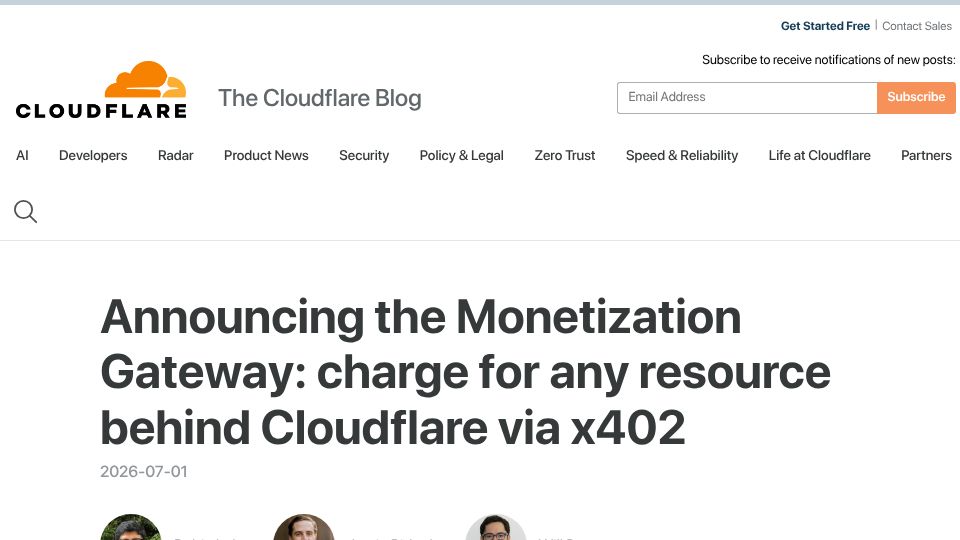 Screenshot of blog.cloudflare.com: Monetization Gateway: Charge for any resource behind Cloudflare via x402