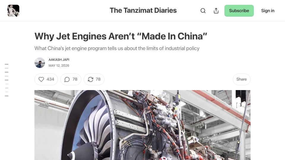 Screenshot of aakash.substack.com: Why jet engines aren't made in China