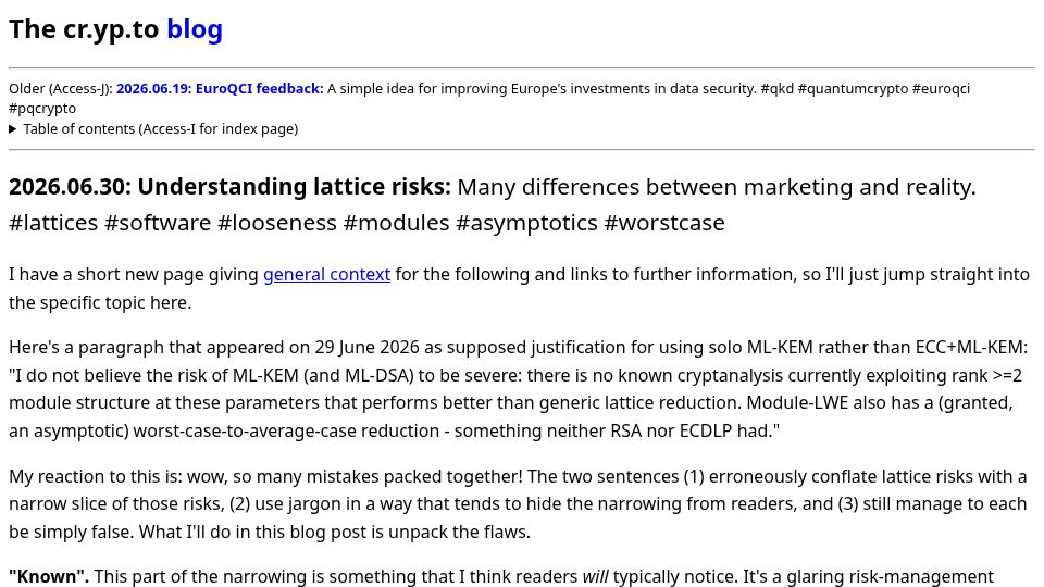 Screenshot of blog.cr.yp.to: Understanding lattice risks: Many differences between marketing and reality